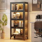 4 Tier Glass Display Cabinet with Flip-Up Doors, 55" Curio Cabinet with 13-Color LED Lights, 3-Side Tempered Glass Metal Display Cabinet for Books, Figures, Collectibles, Black