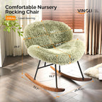VINGLI 25.6" Extra Wide Criss Cross Nursery Rocking Chair,Cute Curved 115° Reclining Armless Glider,Plush Small Rocker w/Pillow & Solid Wood for Indoor,Bedroom, Living Room,Fluffy Fleece,Lawn Green