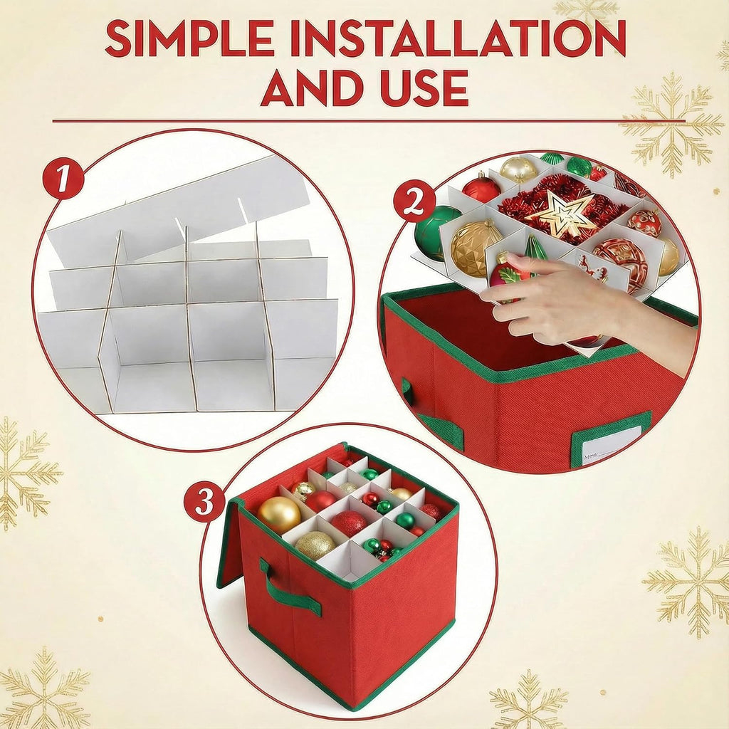 Christmas Ornament Organizer and Storage Box - Tear-Proof Non-Woven Container with 3-Inch Cube Compartments and Dual Zippers - Holds 64 Ornaments - Red