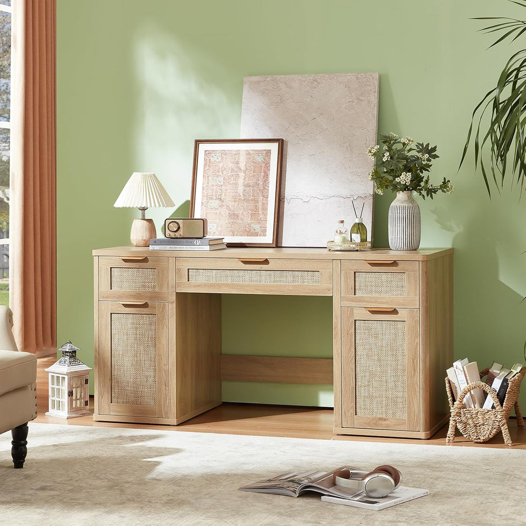 LEYAOYAO Office Desk 56" with 5 Drawers Storage File Cabinet Rattan Wood Desk for Computer Office Bedroom Home Furniture Natural