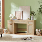 LEYAOYAO Office Desk 56" with 5 Drawers Storage File Cabinet Rattan Wood Desk for Computer Office Bedroom Home Furniture Natural