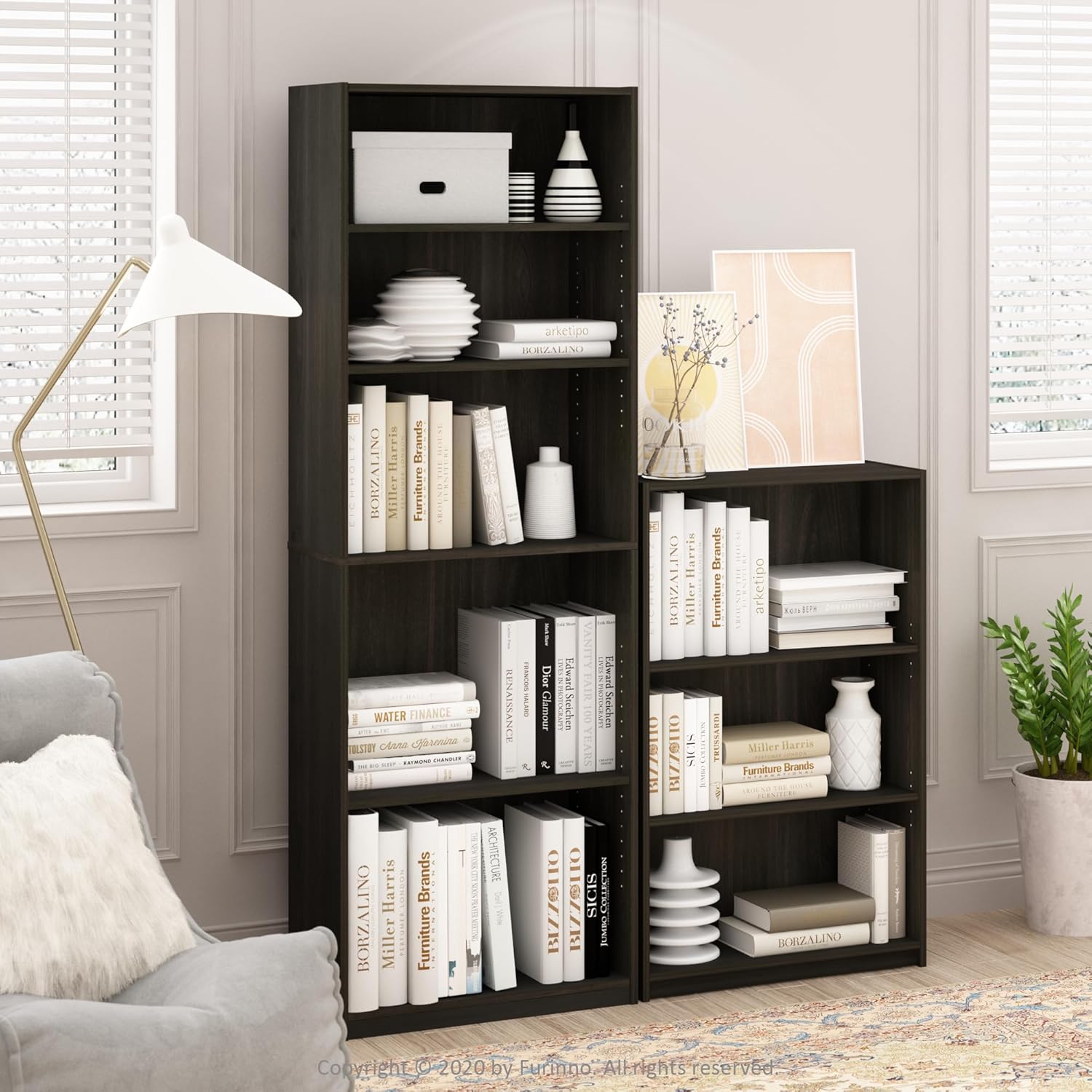 Furinno Jaya Book Shelf, 5-Tier Bookshelf, Tall Standing Bookcase with Adjustable Shelves, 9.5 x 24.5 x 71.2, for Living Room, Bedroom, Home Office, Black Espresso
