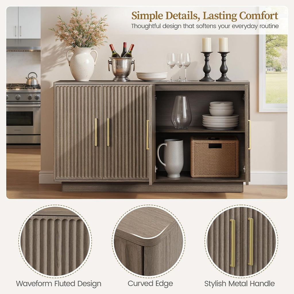 PAPROOS 55" Modern Fluted Sideboard Buffet Cabinet, Space-Saving Storage Credenza for Home Coffee Bar, 4-Door Accent Furniture with Adjustable Shelves for Clutter-Free Living (Brown Gray)