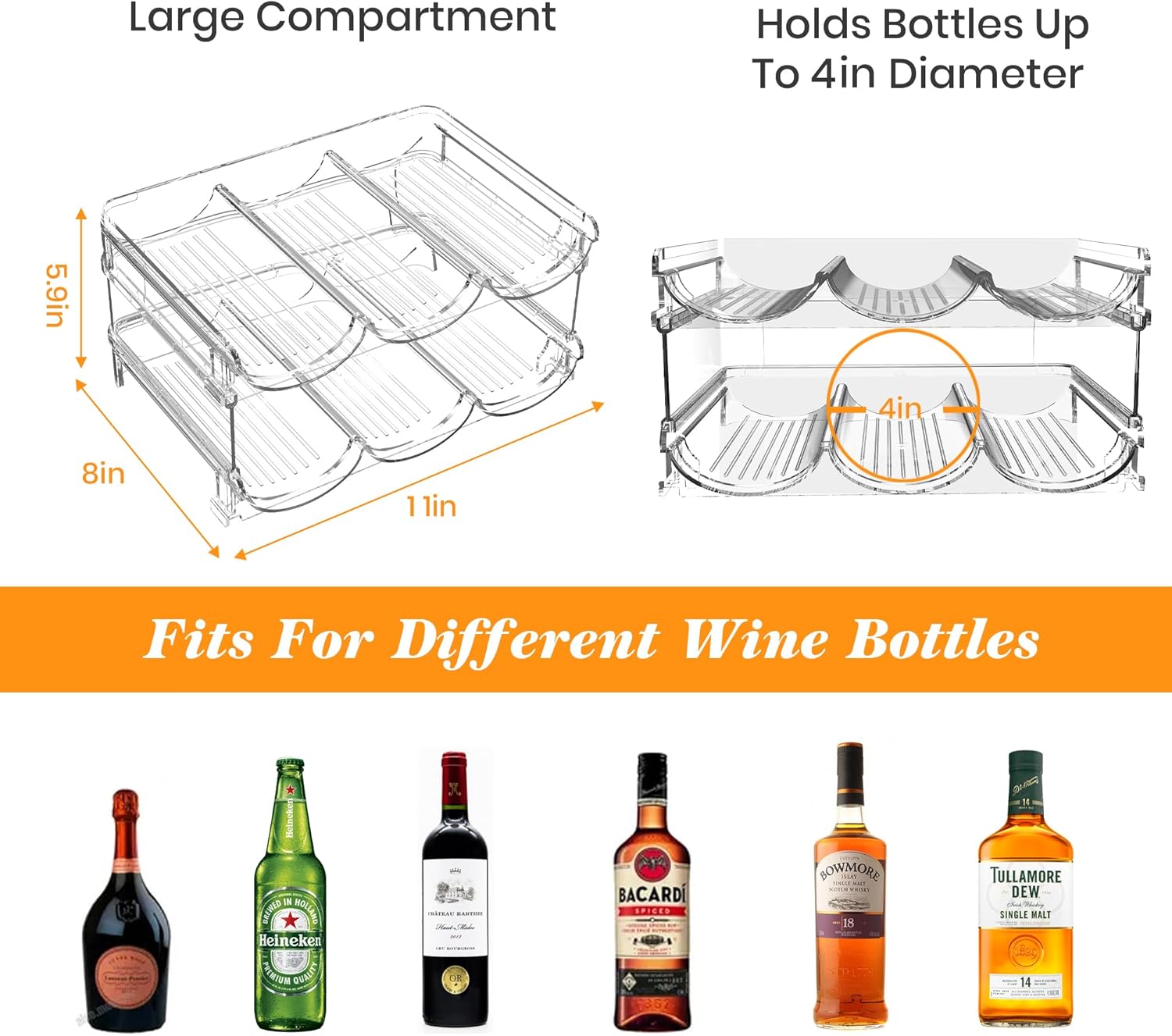 Plastic Stackable Wine Rack for Refrigerator, 2 Tier Large Capacity Water Bottle Organizer for Cabinet, Free-Standing Water Bottle Storage Rack for Fridge, Countertop, Pantry, Freezer, Hold 6 Bottles