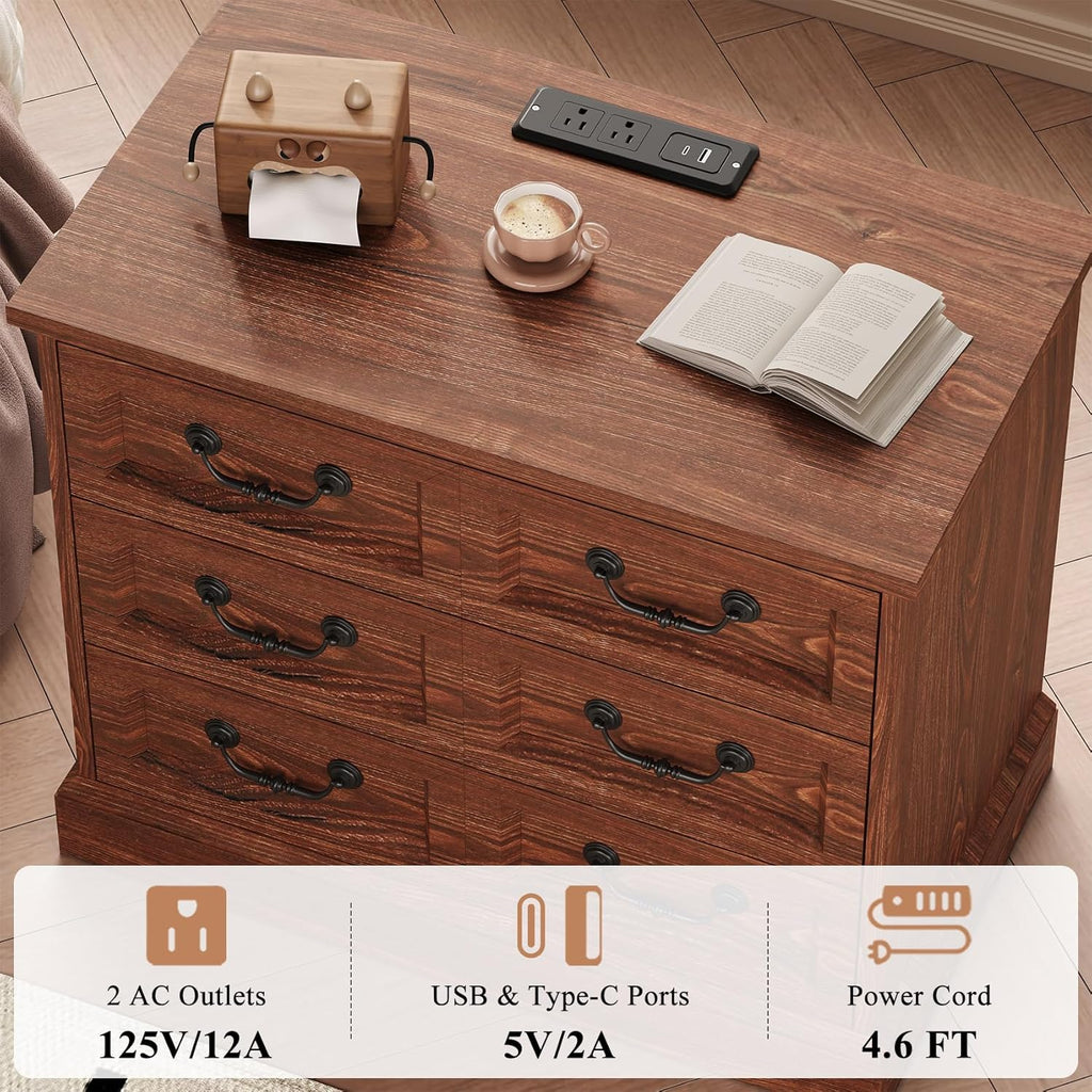 VVFLU 27.6" Wide Farmhouse Nightstand with Charging Station, 3 Drawer Nightstands Set of 2, Larger Side Table End Table, Modern Night Stand for Bedroom, Living Room, Cherry Nightstand