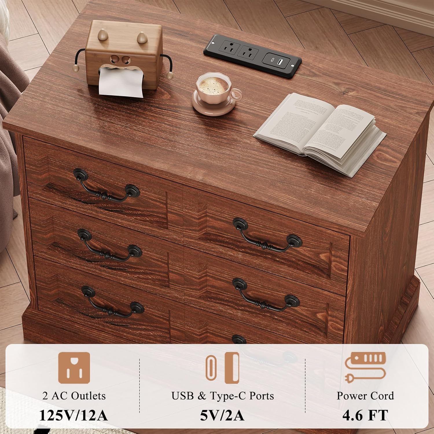 VVFLU 27.6" Wide Farmhouse Nightstand with Charging Station, 3 Drawer Nightstands Set of 2, Larger Side Table End Table, Modern Night Stand for Bedroom, Living Room, Cherry Nightstand