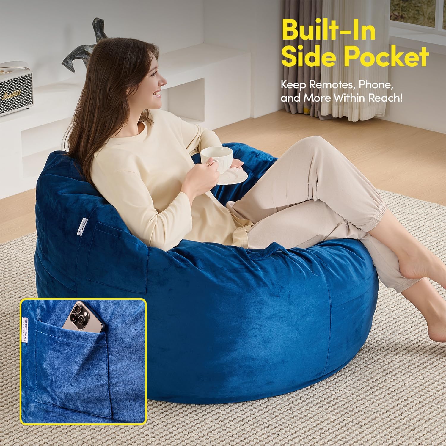 Bean Bag Chair 3ft Memory Foam Sack with Removable Velvet Cover, Ultra Soft Fabric, High Rebound Foam Filling, Portable Lazy Sofa for Adults & Teens, Navy Blue
