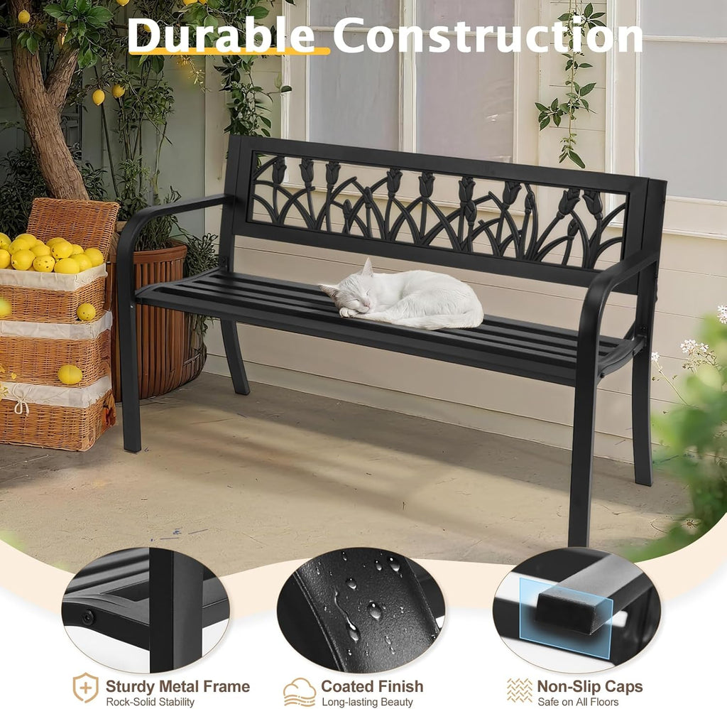 VINGLI Outdoor Metal Bench w/PVC Back - All Weather Resistant Black Garden Patio Bench for Entryway Front Porch Entryway Decor Deck (Black, Tulip)