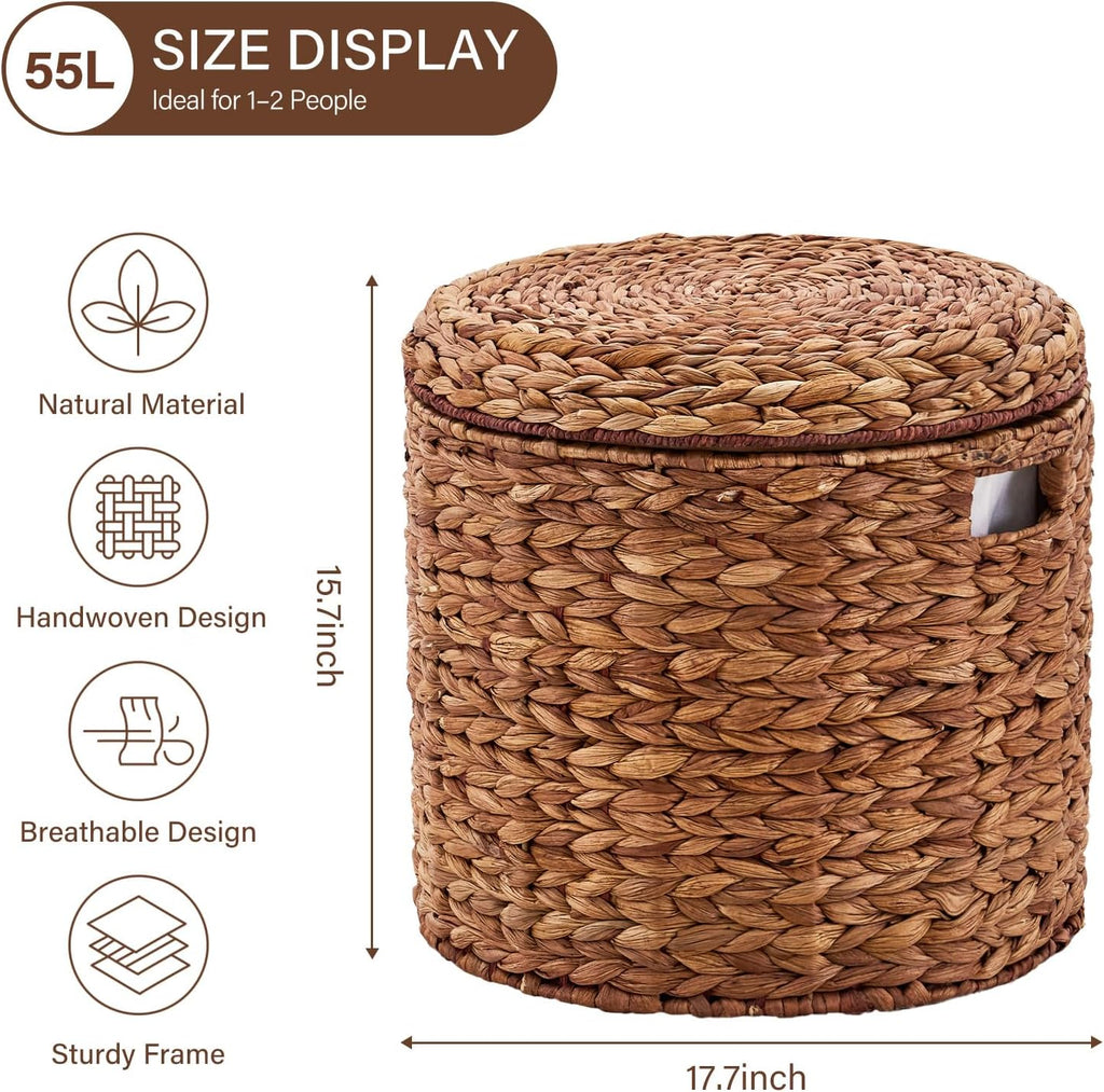 17" Round Storage Ottoman with Lid Handwoven Water Hyacinth Accent Side Table, Storage Container, Footstool for Living Room, Bedroom, Cloakroom, Home Office