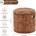 17" Round Storage Ottoman with Lid Handwoven Water Hyacinth Accent Side Table, Storage Container, Footstool for Living Room, Bedroom, Cloakroom, Home Office