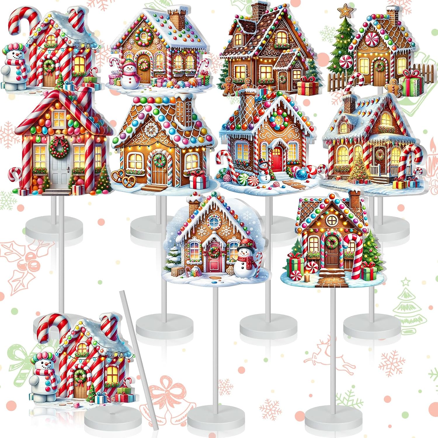 Geelin 10 Pcs Christmas Gingerbread Table Decoration Gingerbread House Decor Christmas Centerpiece for Tables Gingerbreads Theme Tabletop Gift for Xmas Holiday Desk Home Office Party Supplies Decor