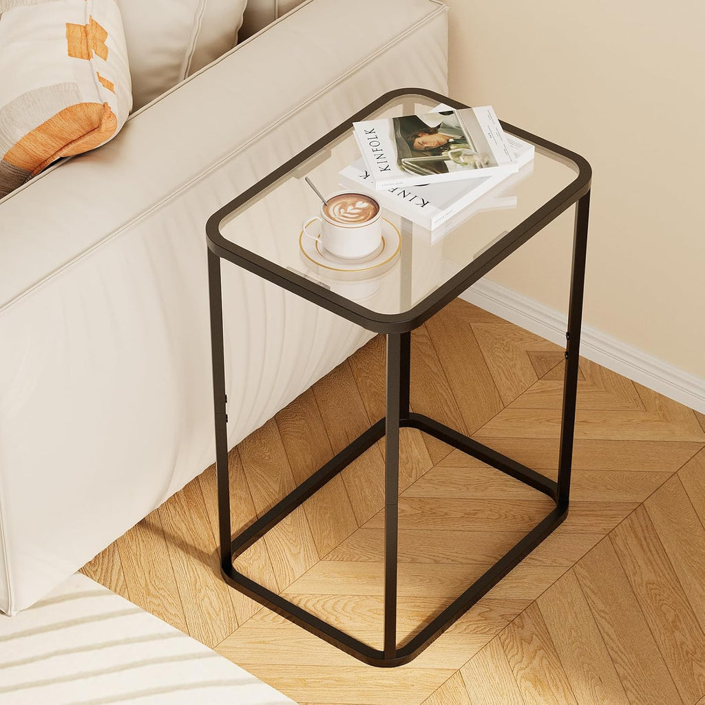 Garden 4 you Glass Side Table, Rectangle End Table with Metal Frame, Modern Bedside Table for Office, Bedroom, Living Room, Study, Small Spaces, Easy Assembly, 15.75 * 11.81 * 20.87 Inches, Black