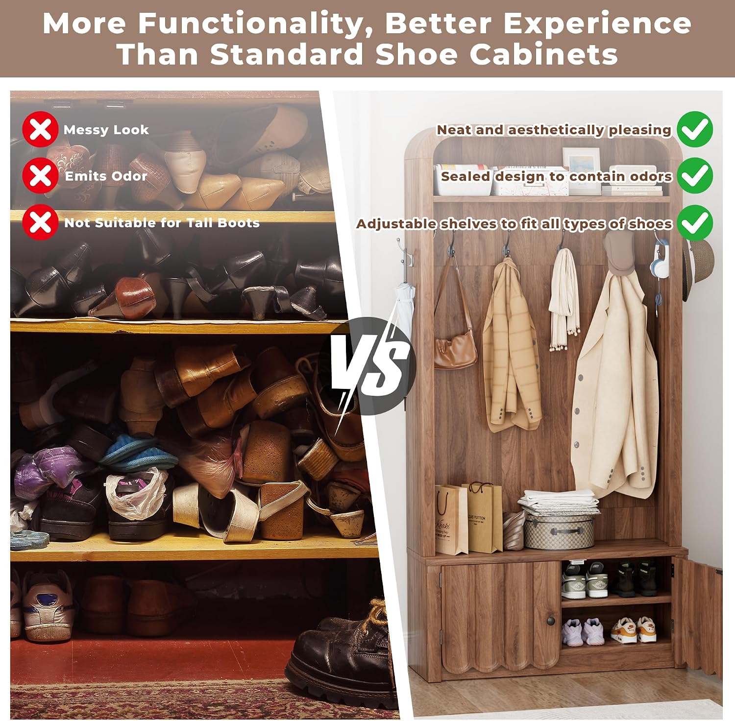 Narrow Hall Tree with Bench and Shoe Storage, Arched Entryway Coat Rack with Adjustable Shoe Cabinet,8 Hooks, Modern Rustic Mudroom Storage Organizer with Scalloped Wave Fluted Doors (Walnut)