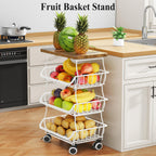 SAYZH Fruit Basket Kitchen Pantry Organizers and Storage - Wooden Top Table, Stackable Metal Wire Basket Stand Cart for Fruit Vegetable Snacks Onion Potato Organization (White, 4 Tiers)