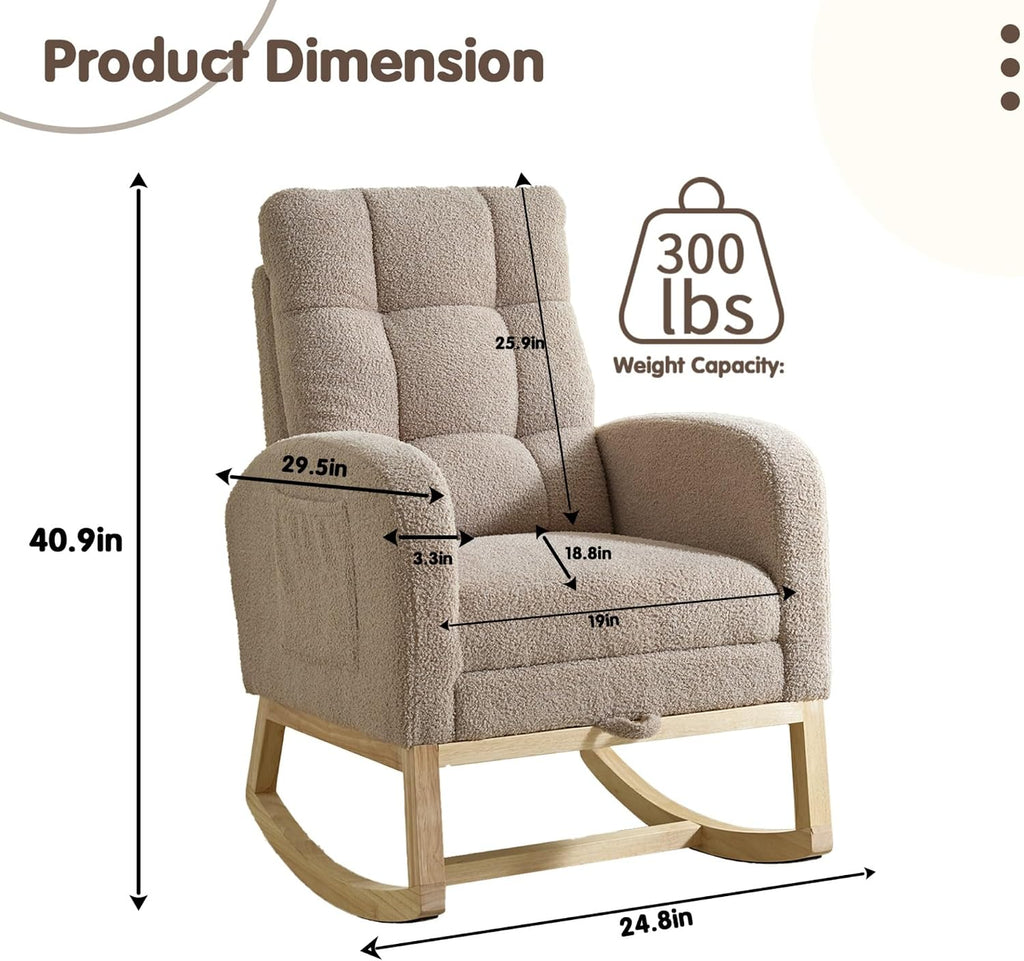 Rosevera Nursery Rocking Chair with Adjustable Footrest for Living Room - Teddy Fabric, Solid Wooden Legs, Comfortable Lounge Armchair with High Backrest and Side Pockets (Modern, Light Coffee)