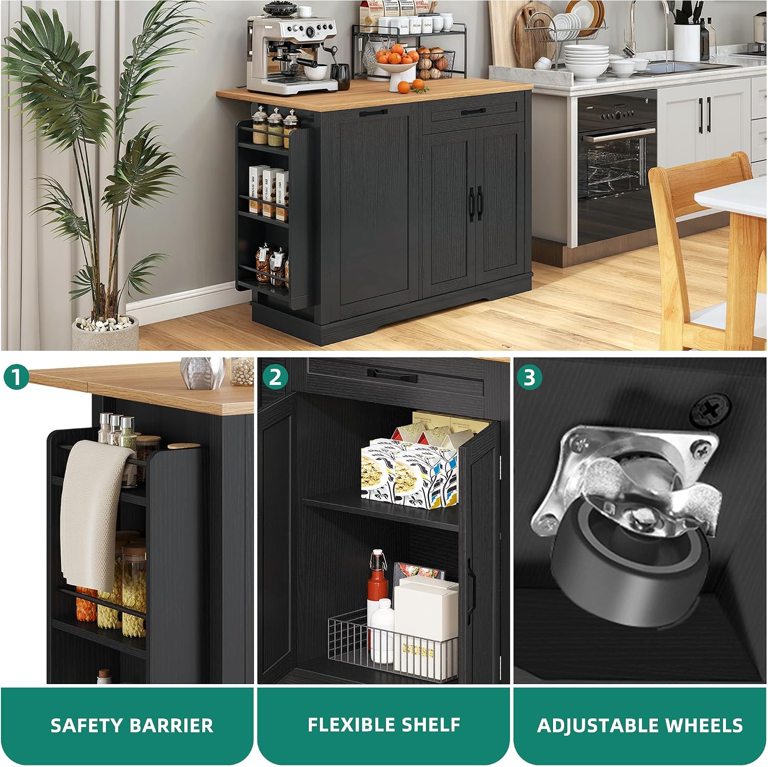 YITAHOME 50 Inch Rolling Kitchen Island with Trash Can Storage, Portable Mobile Islands Table with Drop Leaf, Floating Kitchen Butcher Block Cart on Wheels, Fits 13 Gallon Garbage Bin, Black