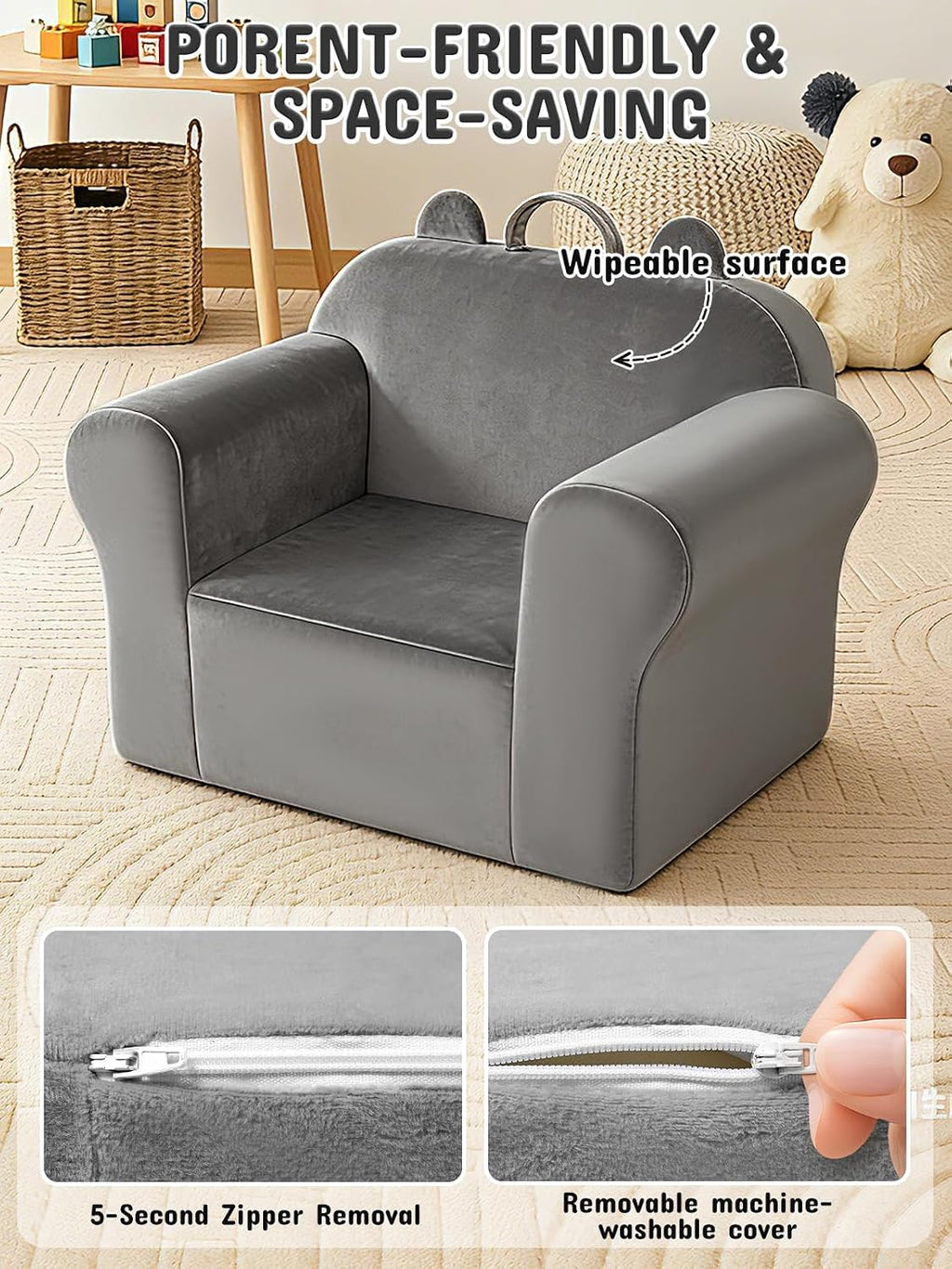 Kids Sofa Chair with Removable Washable Cover Kids Couch Toddler Chair Toddler Bed Cozy Crystal Velvet Furniture for Playtime, Naps & Travel (Soft Grey, Bear Design)