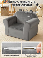 Kids Sofa Chair with Removable Washable Cover Kids Couch Toddler Chair Toddler Bed Cozy Crystal Velvet Furniture for Playtime, Naps & Travel (Soft Grey, Bear Design)