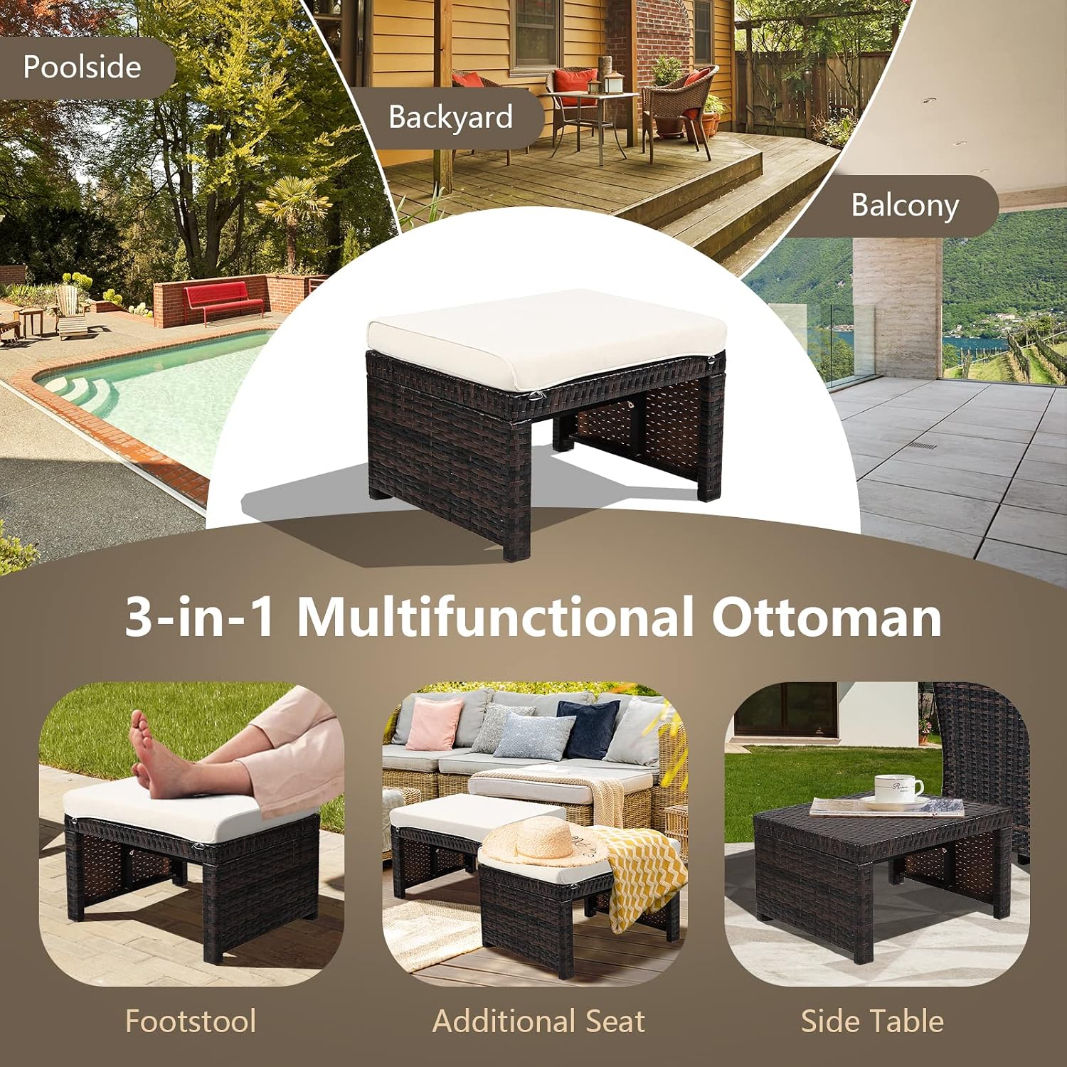 ORALNER Outdoor Ottoman, Set of 2 Wicker Footstools, All-Weather Rattan Foot Stools w/Removable Cushions, Patio Footrest Extra Seating for Porch, Poolside, Garden, Deck, Easy Assembly (Off White)