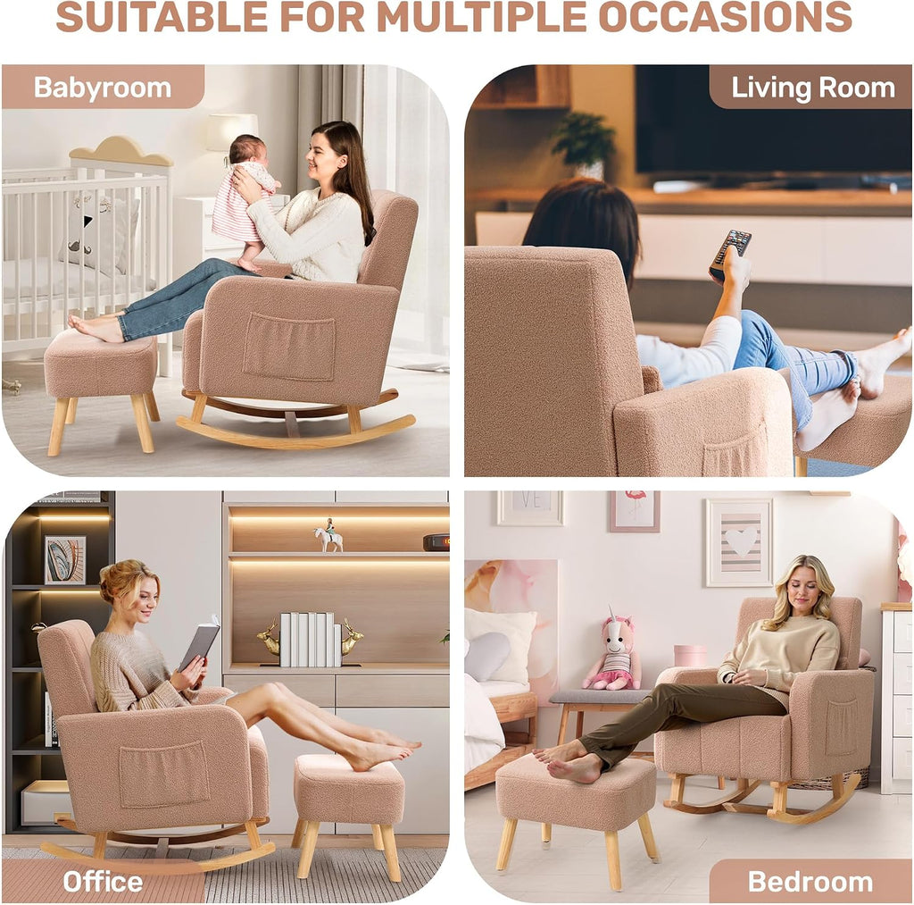 HCHAIRH Rocking Nursery Chair with Ottoman, Upholstered Glider Rocker with Side Pocket, Comfy Reading Chair with Solid Wood Legs for Nursery, Living Room,Bedroom, Coffee