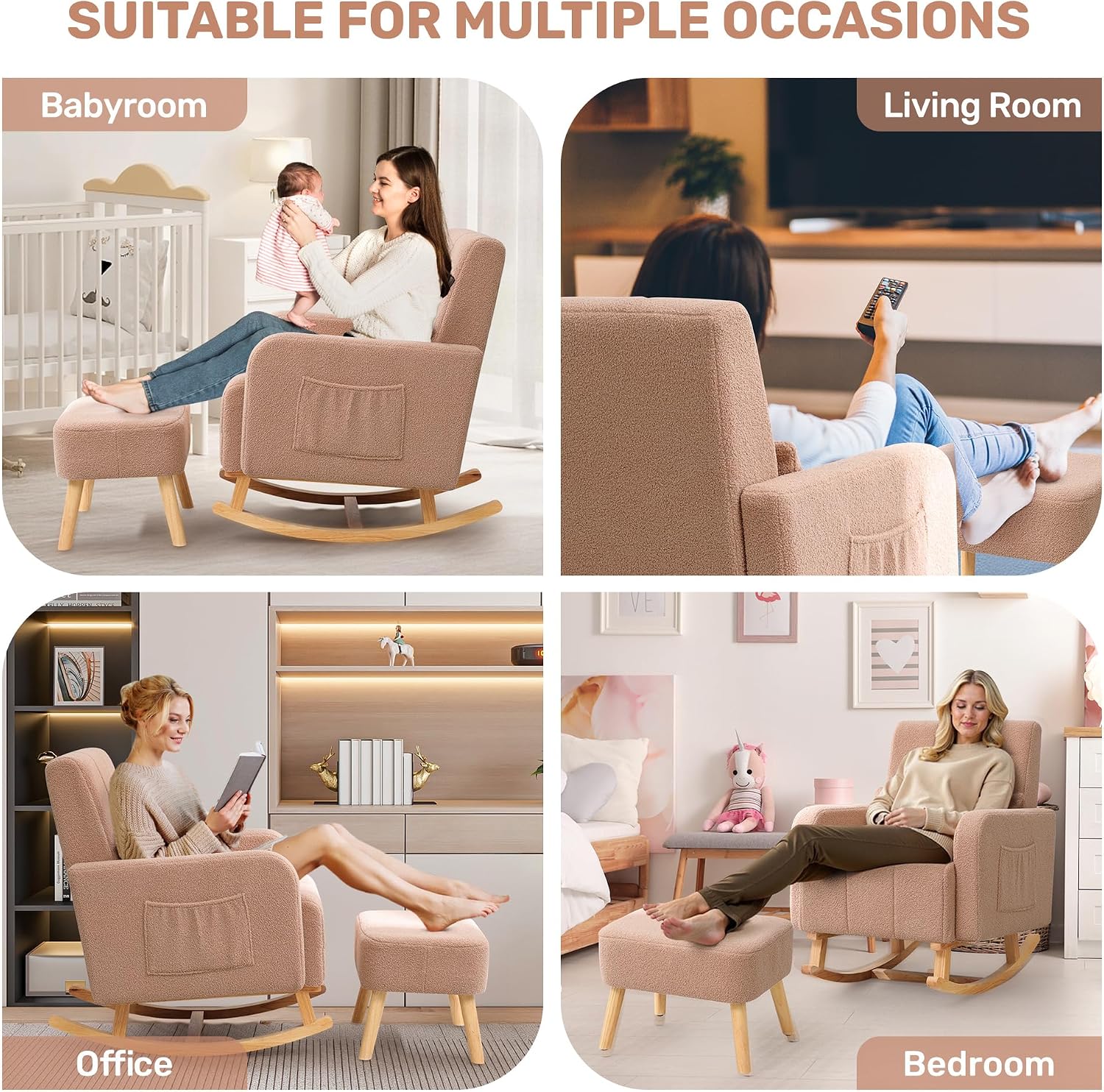 HCHAIRH Rocking Nursery Chair with Ottoman, Upholstered Glider Rocker with Side Pocket, Comfy Reading Chair with Solid Wood Legs for Nursery, Living Room,Bedroom, Coffee