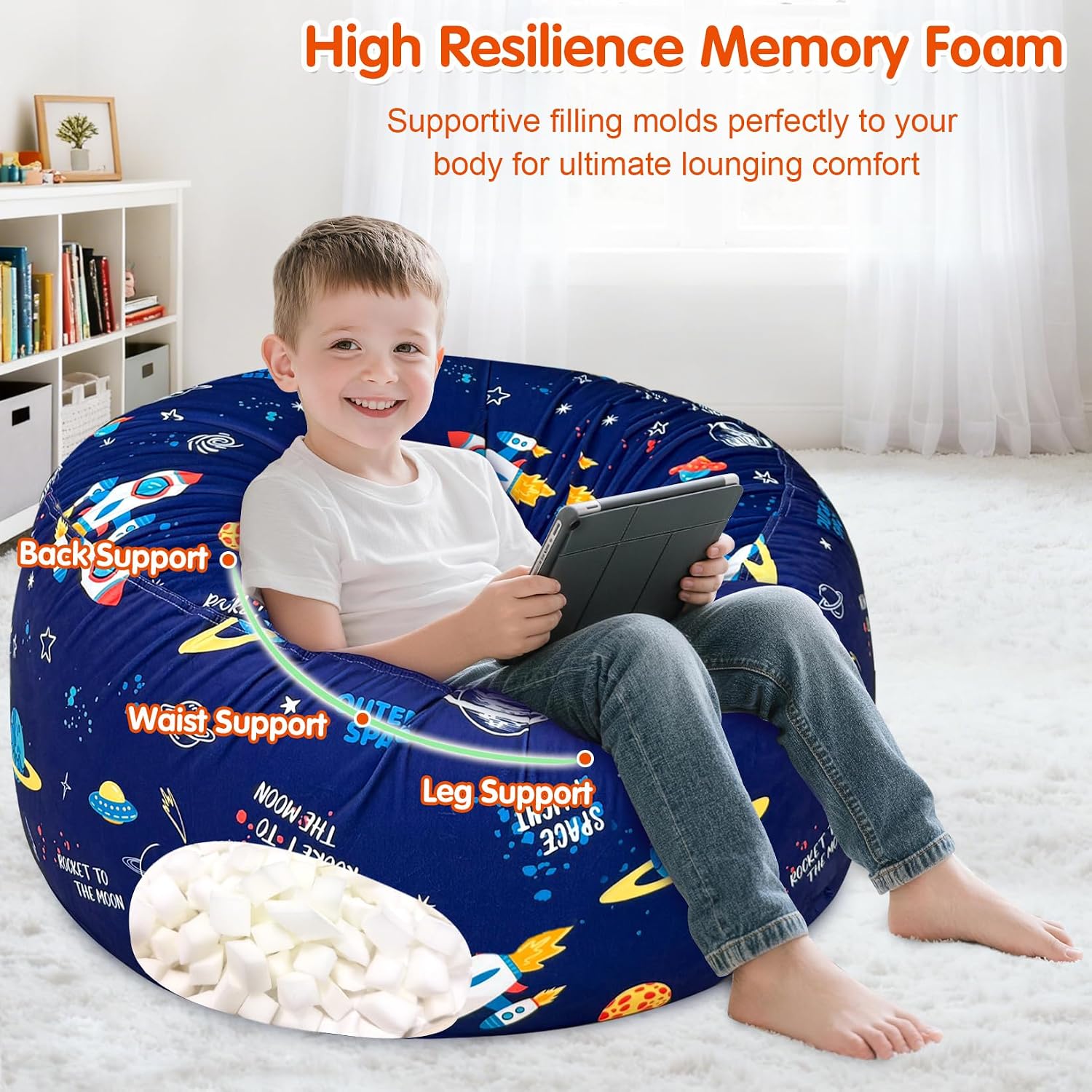 2.5 Ft Space Bean Bag Chair for Kids with Memory Foam Filling, Bean Bag Chair with Soft Velvet Cover, Sofa Couch for Living Room, Birthday Gift for Boys Girls, X-Large