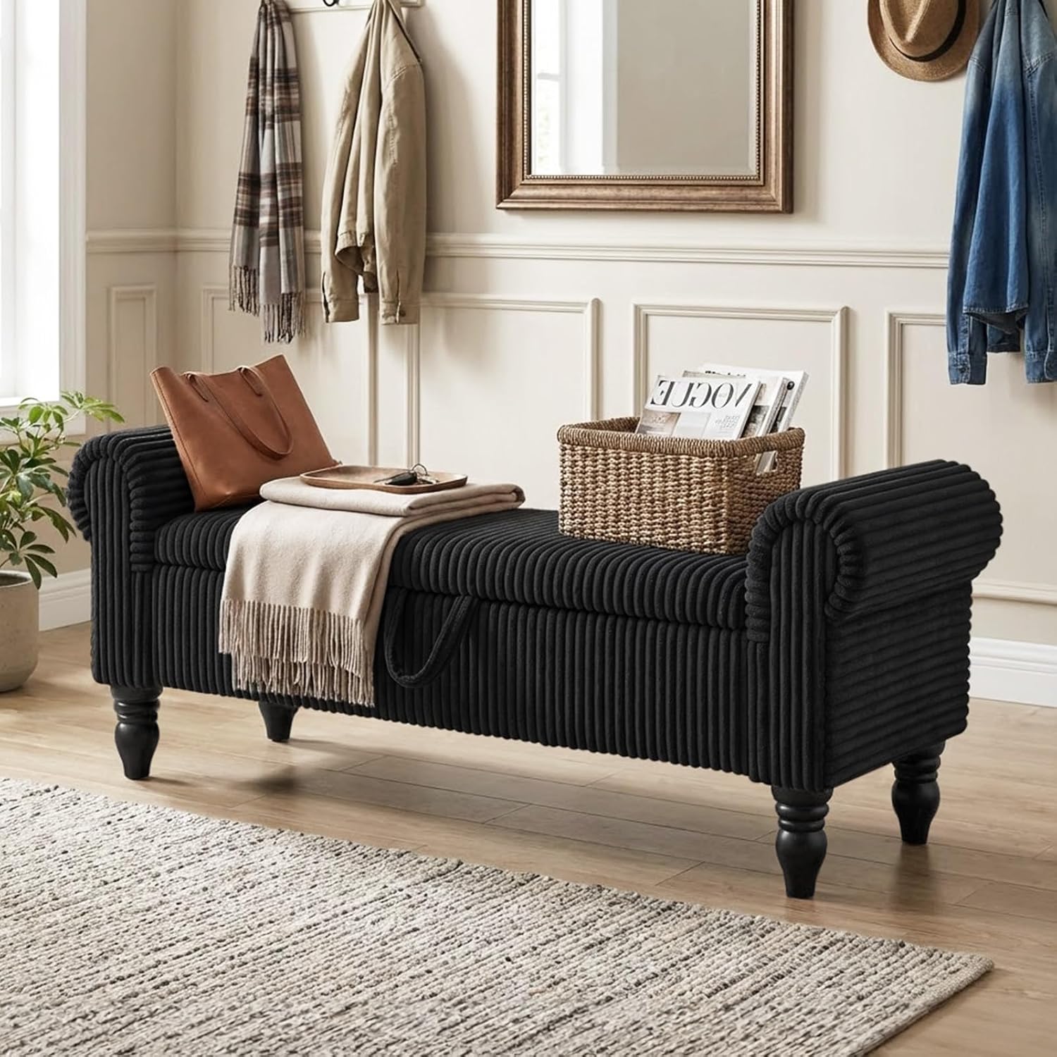51.5" Corduroy Storage Bench, End of Bed Bench with Storage, Upholstered Bedroom Bench with Rolled Arm, Ottoman Bench for End of Bedroom, Living Room, Entryway (Black)