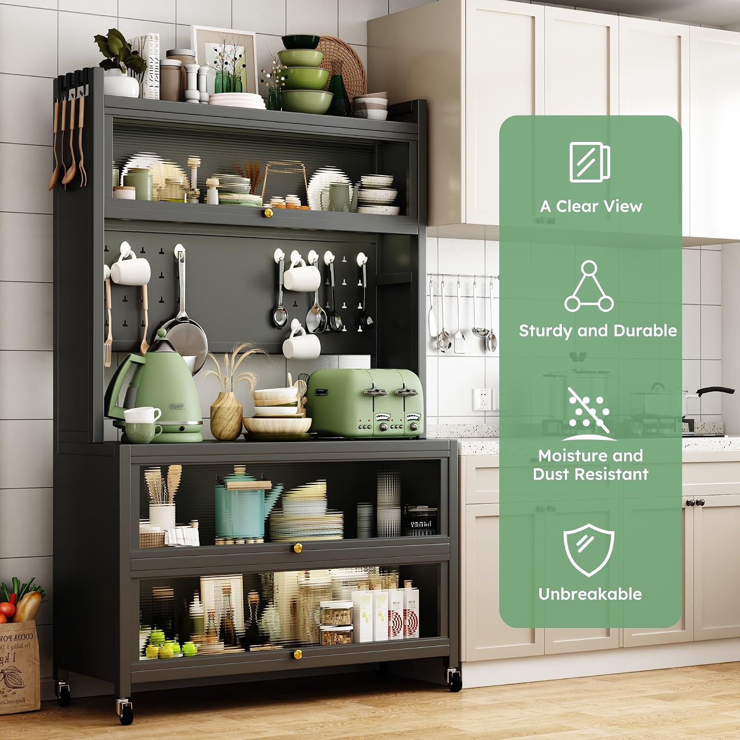 65'' Kitchen Pantry Storage Cabinet with Microwave Oven Countertop, 3 Doors, 4 Layers, Versatile Storage for Kitchen, Living Room, Dining Room
