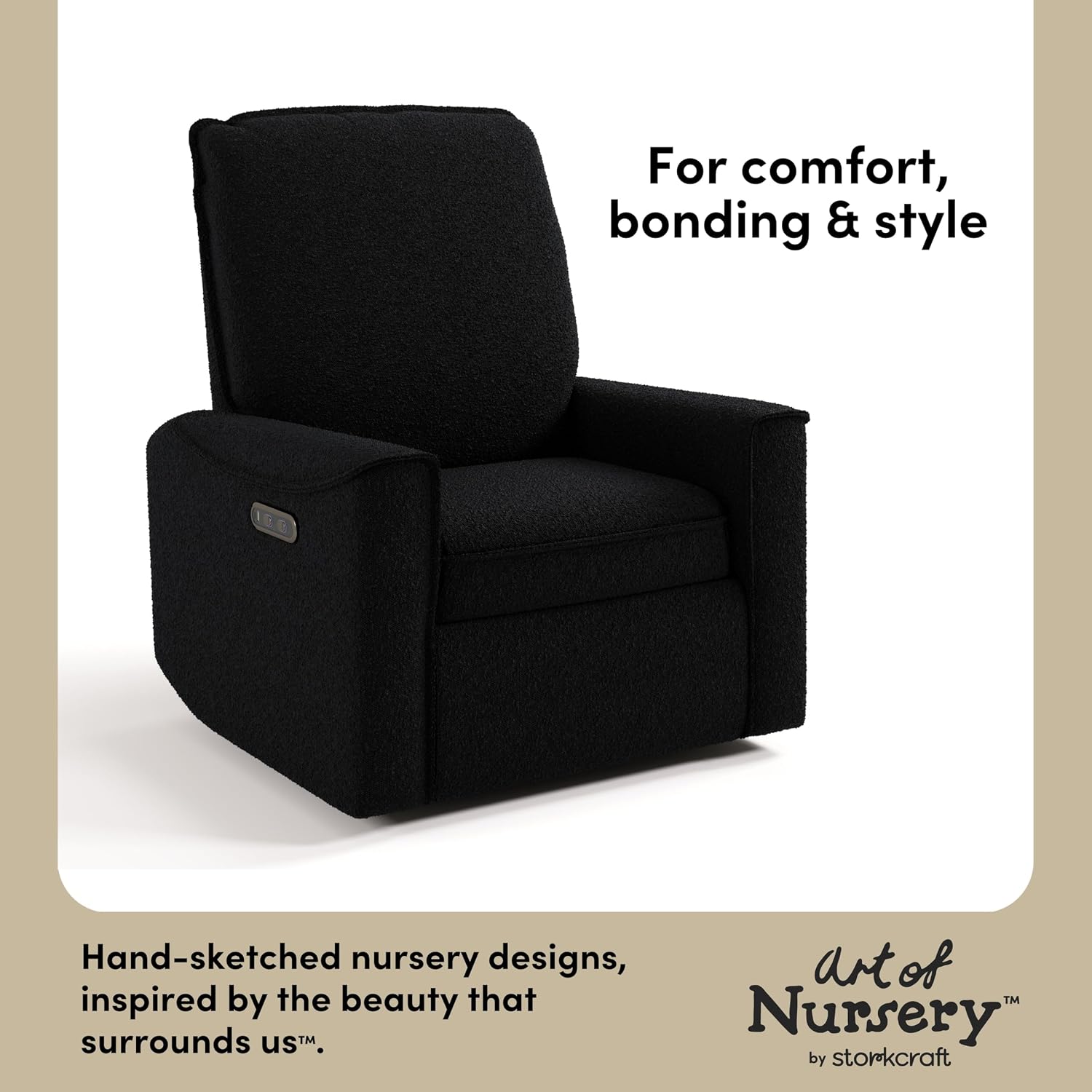 Storkcraft Santos Deluxe Power Recliner Swivel Glider, Premium Electronic Nursery Rocking Chair, Oeko-TEX 100 Certified, Includes Dual-USB Charging Port with USB-A & USB-C – (Black Boucle)