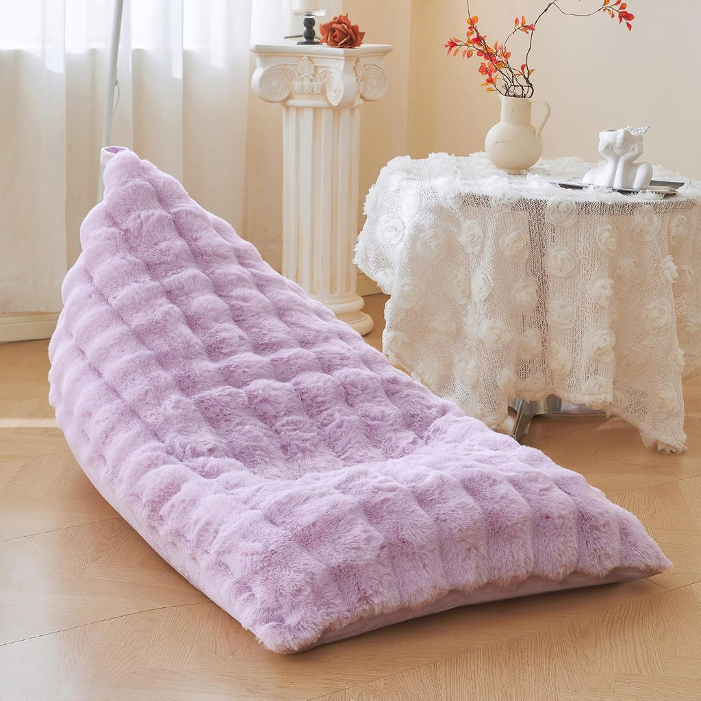 LIFEREVO Faux Rabbit Fur Stuffed Animal Bean Bag Storage (No Filler), Soft Waffle Bubble Beanbag Chair Cover for Cushion Home Decor, Furry Floor Lounger Plush Toys Organizer for Kids Girls, Lavender