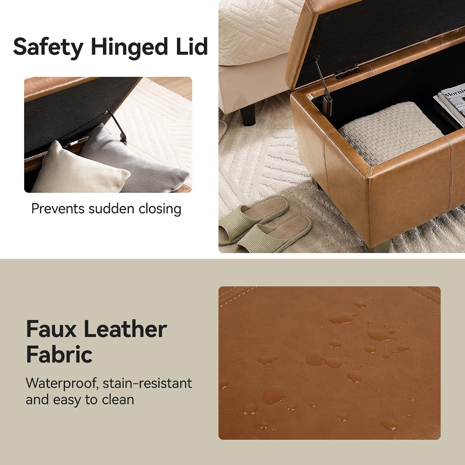 WUTUTUEE 51" Faux Leather Storage Ottoman, Stitch Tufted Rectangle Upholstered End of Bed Storage Bench, Entryway Large Couch Ottoman with Wooden Legs, Light Brown