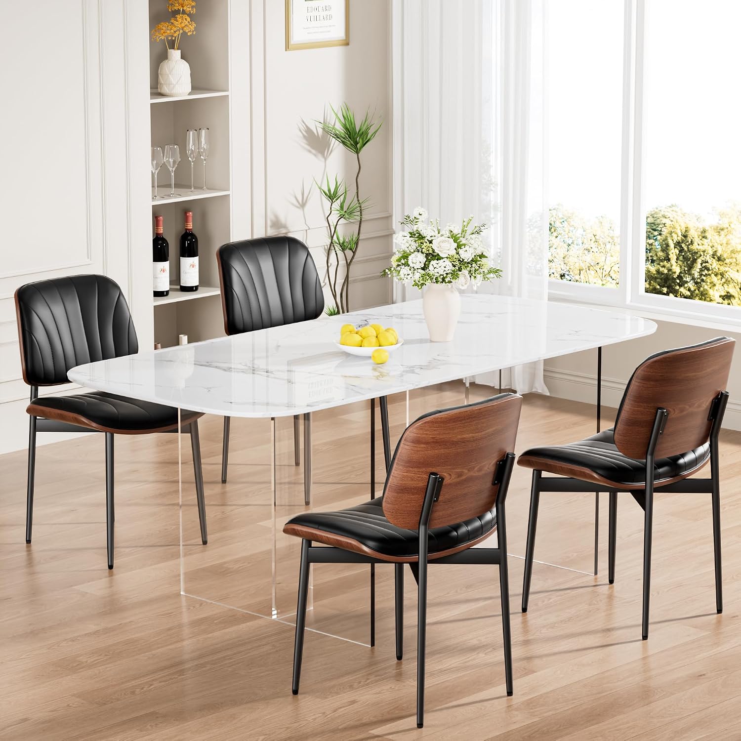 REONEY Dining Chairs Set of 2, Mid-Century Modern Upholstered PU Leather Chairs with Walnut Bentwood Back and Metal Legs Adjustable Feet for Kitchen, Black Shell Strips