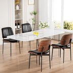 REONEY Dining Chairs Set of 4, Mid-Century Modern Upholstered PU Leather Chairs with Walnut Bentwood Back and Metal Legs Adjustable Feet for Kitchen Dining Room, Black Shell Strips