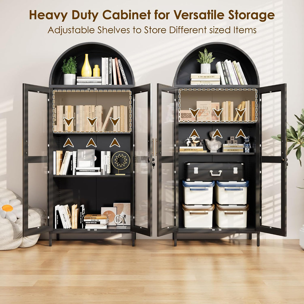 72.8" Tall Display Cabinet with Glass Doors, Metal Arched Cabinet with 2 Adjustable Shelves & Lock, Freestanding Curio Storage Cabinet for Home, Assembly Required, Black