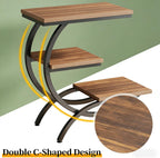 C-Shaped End Table, Narrow End Table with 3 Storage Shelves, 3-Tier Small Side Table for Couch, Wood Slim Snack Table with Black Metal Frame for Living Room Bedroom,Brown