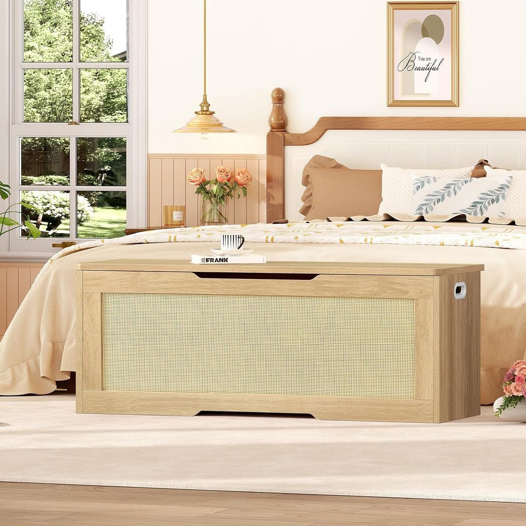 usikey 47.2" Large Storage Chest with Fabric Drawer, Toy Box with Safety Hinges, Extra Wide Storage Bench for Bedroom, Living Room, Entryway, Supports 300 lb