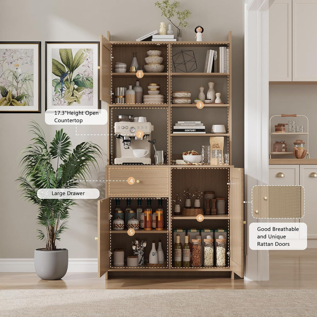 71'' Tall Kitchen Pantry Storage Cabinet, Kitchen Hutch Bar Cabinet with Microwave Stand, Farmhouse Buffet Cabinet w/Drawer, 3 Adjustable Shelf & 3 Rattan Doors for Kitchen, Dining Room (Natural)