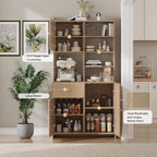 71'' Tall Kitchen Pantry Storage Cabinet, Kitchen Hutch Bar Cabinet with Microwave Stand, Farmhouse Buffet Cabinet w/Drawer, 3 Adjustable Shelf & 3 Rattan Doors for Kitchen, Dining Room (Natural)