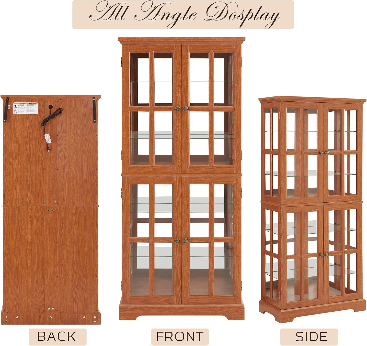 69" Lighted Display Cabinet with 4 Glass Doors, Tall Elegant Bookcase with Adjustable Shelves, Light Bulb Included, Wooden Storage Organizer Cabinet for Collectibles, Living Room (Dark Oak)