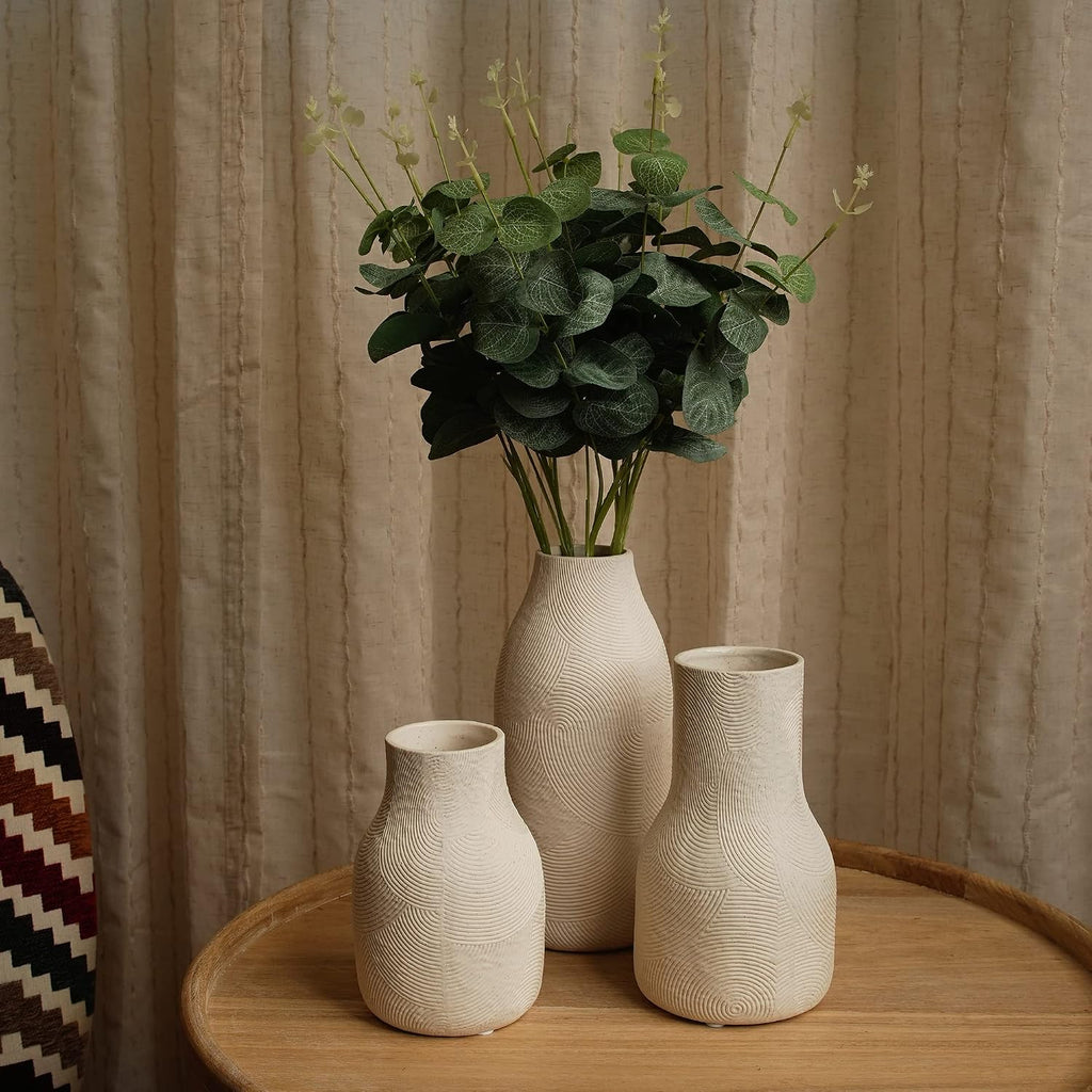 Ceramic Vases for Home Decor - Matte White Textured Vase Set of 3, Decorative Vases for Flowers, Pampas Grass Arrangement, Table Centerpieces, Office and Living Room Boho Decor