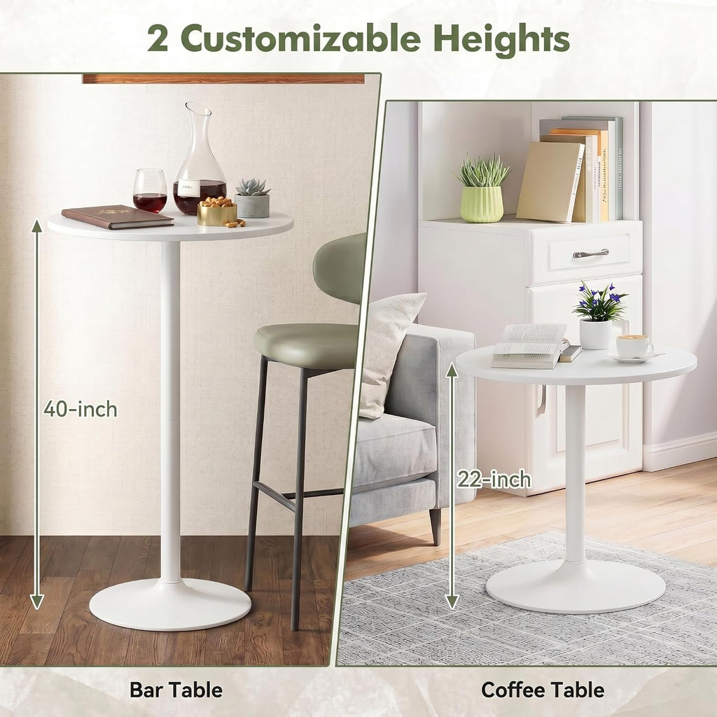POWERSTONE Two-in-one Cocktail Tables Set of 6, 24'' Round Bar Tables with Sturdy Metal Base, 40"/22" Two Convertible Height High Top Pub Table, Coffee Table for Home Bar, Bistro, Dining Room, White