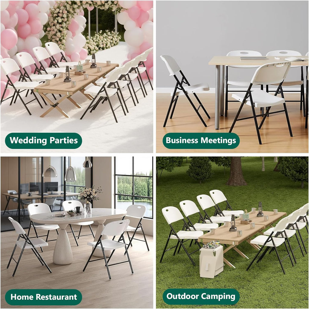 2 Pack White Folding Chair, Plastic Portable Stackable Commercial Seats with Steel Frame 350lb, Heavy Duty Foldable Chair for Indoor and Outdoor, Patio, Office, Picnic, Kitchen, Events