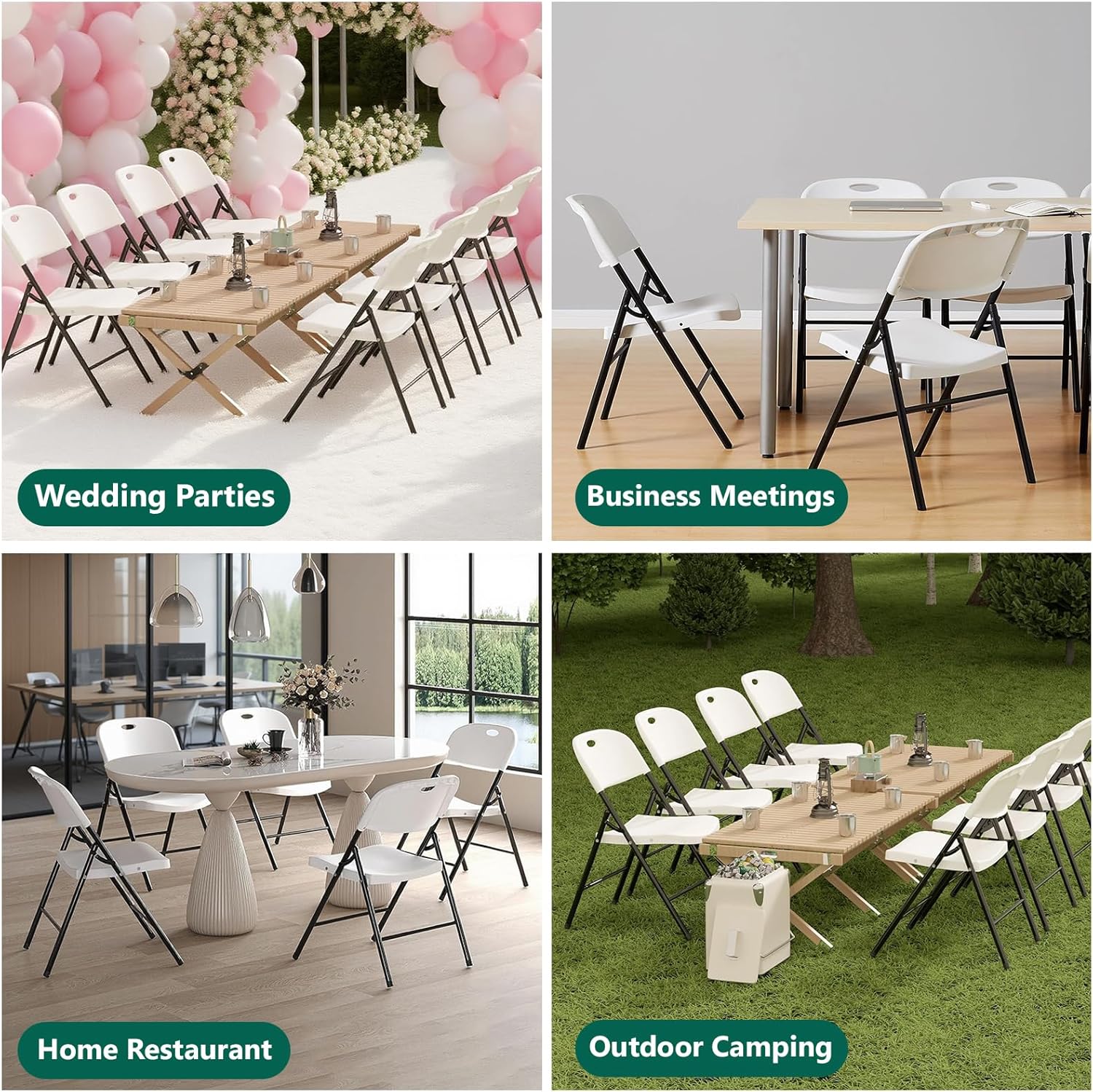 2 Pack White Folding Chair, Plastic Portable Stackable Commercial Seats with Steel Frame 350lb, Heavy Duty Foldable Chair for Indoor and Outdoor, Patio, Office, Picnic, Kitchen, Events