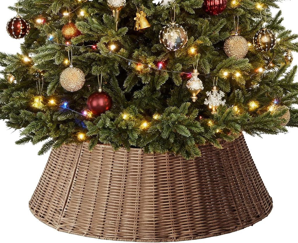 Sweetcrispy Christmas Tree Collar, Wicker Tree Collar for 6-9ft Trees, 4-Piece Wicker Base Cover, Handwoven & Durable for Holiday Decor, Decorative, Brown