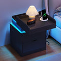Nightstand with Charging Station and LED Lights, Night Stand with Sliding Top, Modern End Side Table with 2 Drawers, Bedside Table for Bedroom, Living Room, Office, Black