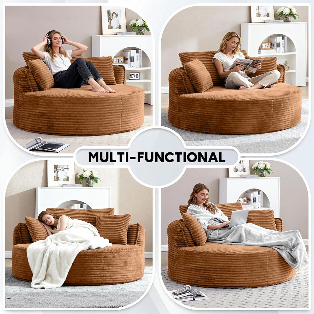 Oversized Round Chair Lounge Chaise Indoor, 53.5" Upholstered Corduroy Deep Seat Single Cloud Sofa Chair, Fluffy Modern Large Circle Boneless Sleeper Sofa for Living Room, Bedroom, Orange