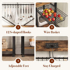 GRUSIGN Kitchen Bakers Rack with Storage, 6-Tier Coffee Bar Station with Power Outlet, Microwave Stand with 12 S-Shaped Hooks, Open Kitchen Storage Shelves for Spices, Pots and Pans, Rustic Brown