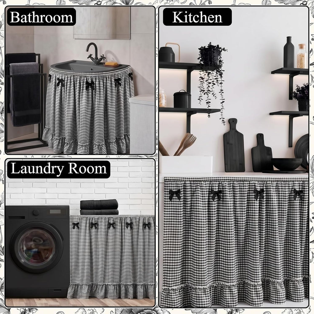Tudomro Cabinet Curtains 56" x 28" Sink Skirt for Bathroom Kitchen Office Desk Black Ruffle Gingham Cabinet Curtains for Classroom Office Home Drape Under Desk Privacy Drape for Laundry Room
