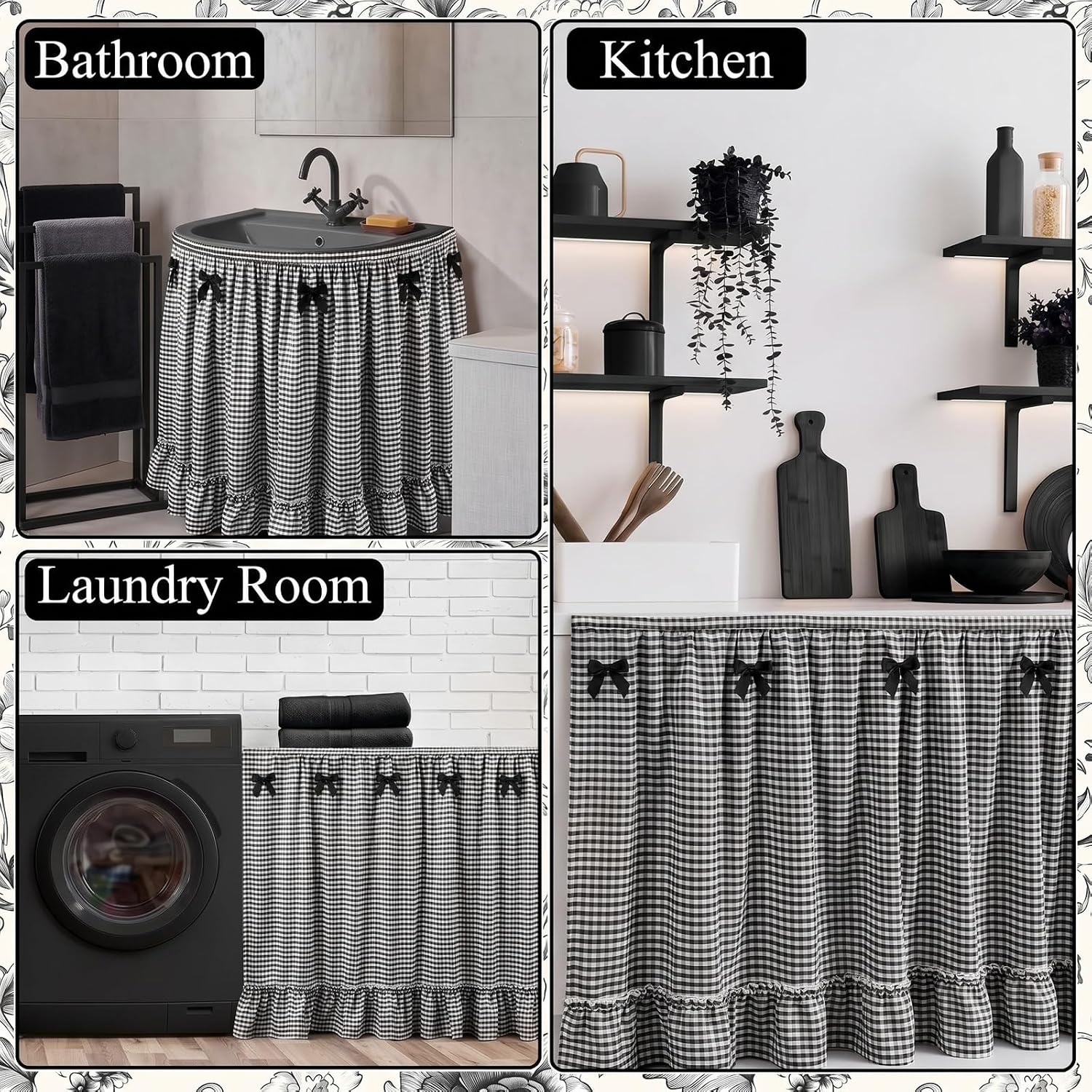 Tudomro Cabinet Curtains 56" x 28" Sink Skirt for Bathroom Kitchen Office Desk Black Ruffle Gingham Cabinet Curtains for Classroom Office Home Drape Under Desk Privacy Drape for Laundry Room