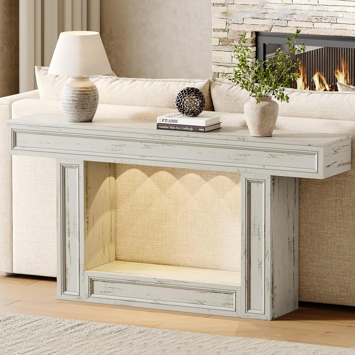 Rresyet 63" Console Table, 2-Tier Entryway Table with Sensor Lights, Coffee Table Behind The Sofa, with U-Shaped Base Suitable for Entryways, Living Rooms, Corridors, and Foyers(White)